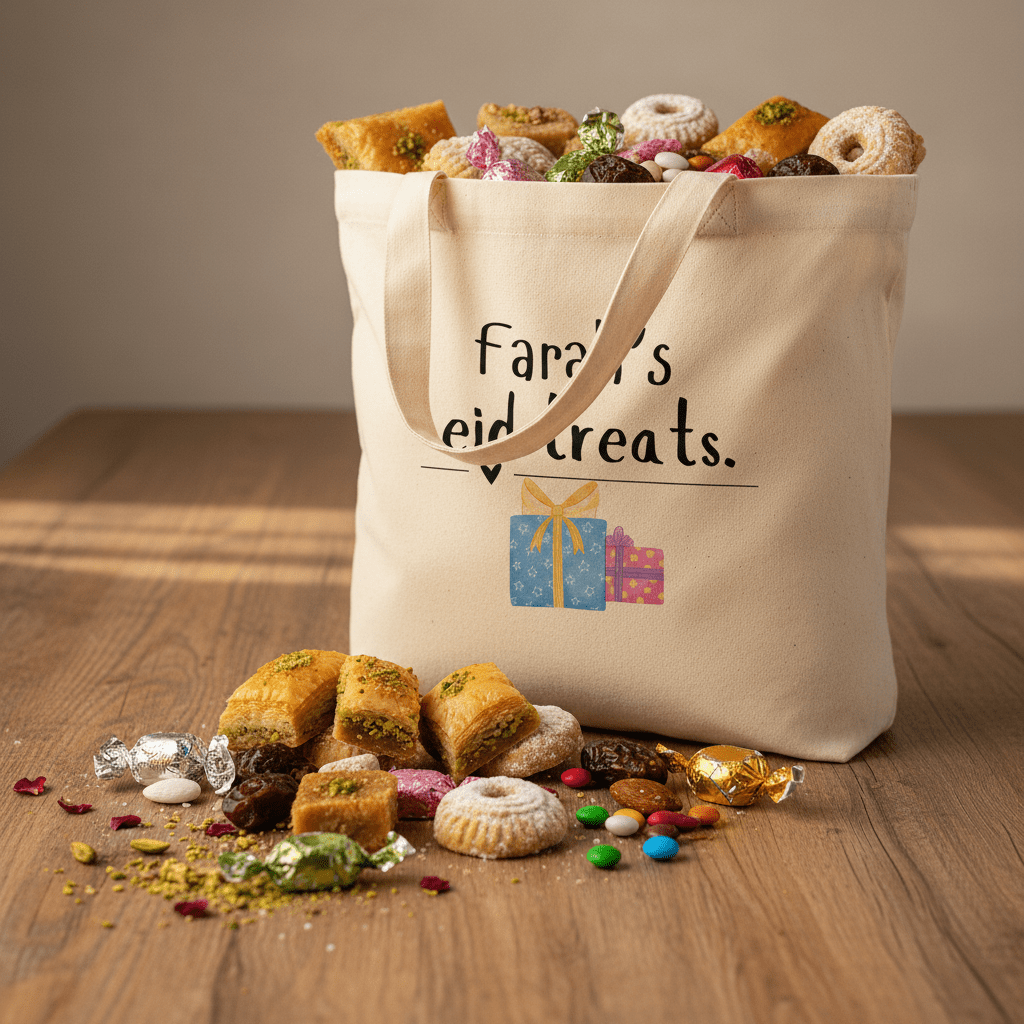 Off-white cotton tote bag, front view, with 'Farah's eid treats' text and gift icon