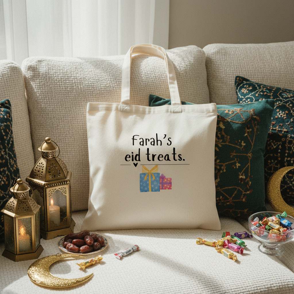 Farah's Eid Treats Tote - White on Sofa with Eid Decorations