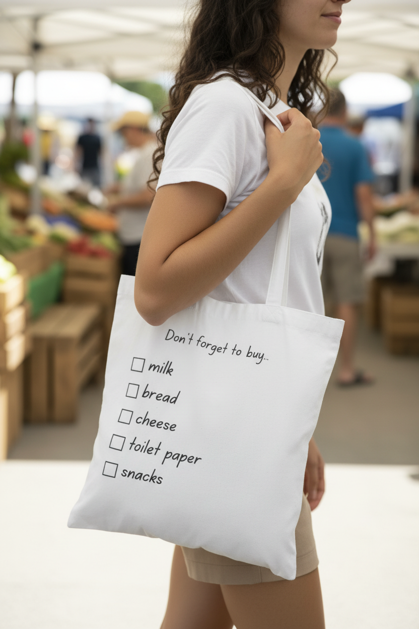 White tote bag with 'Don't forget to buy' checklist: milk, bread, cheese, toilet paper, snacks.