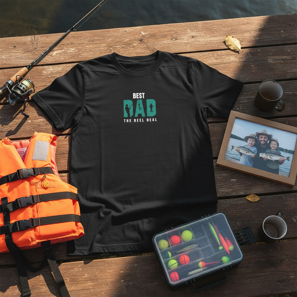 Black T-shirt laid flat with “Best Dad” retro graphic print on the chest