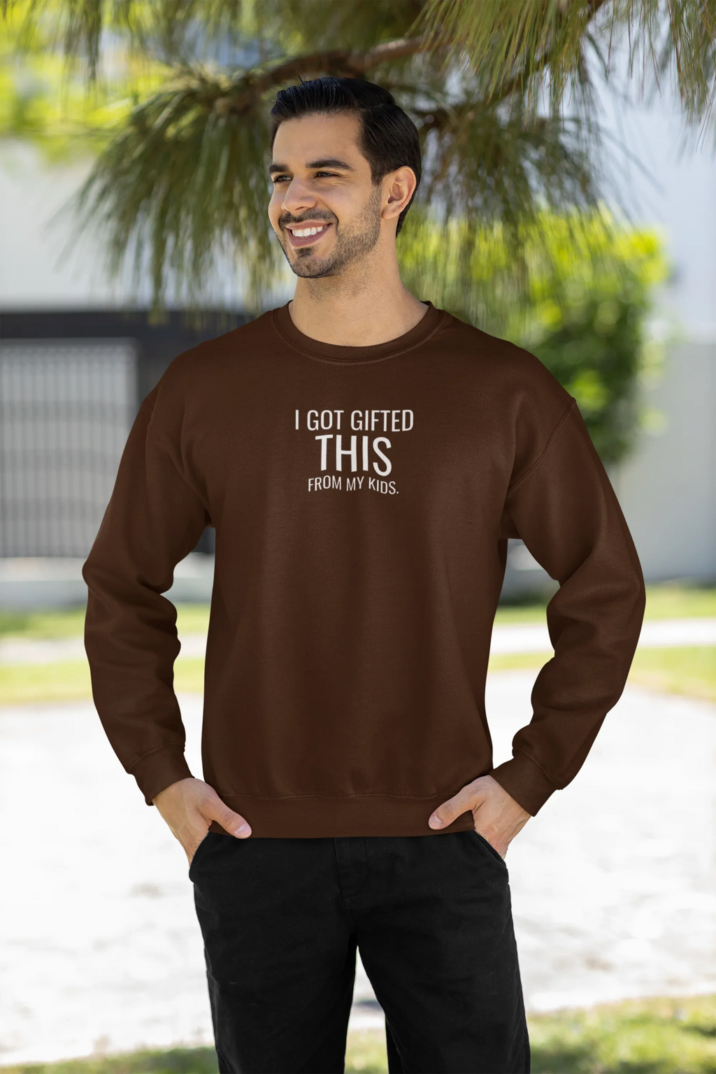 Men's brown crewneck sweatshirt with 'I got gifted this from my kids' graphic on chest