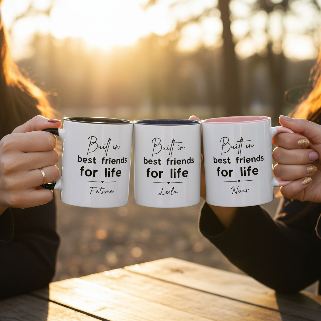 Three personalised best friends for life coffee mugs with pastel pink and blue rims