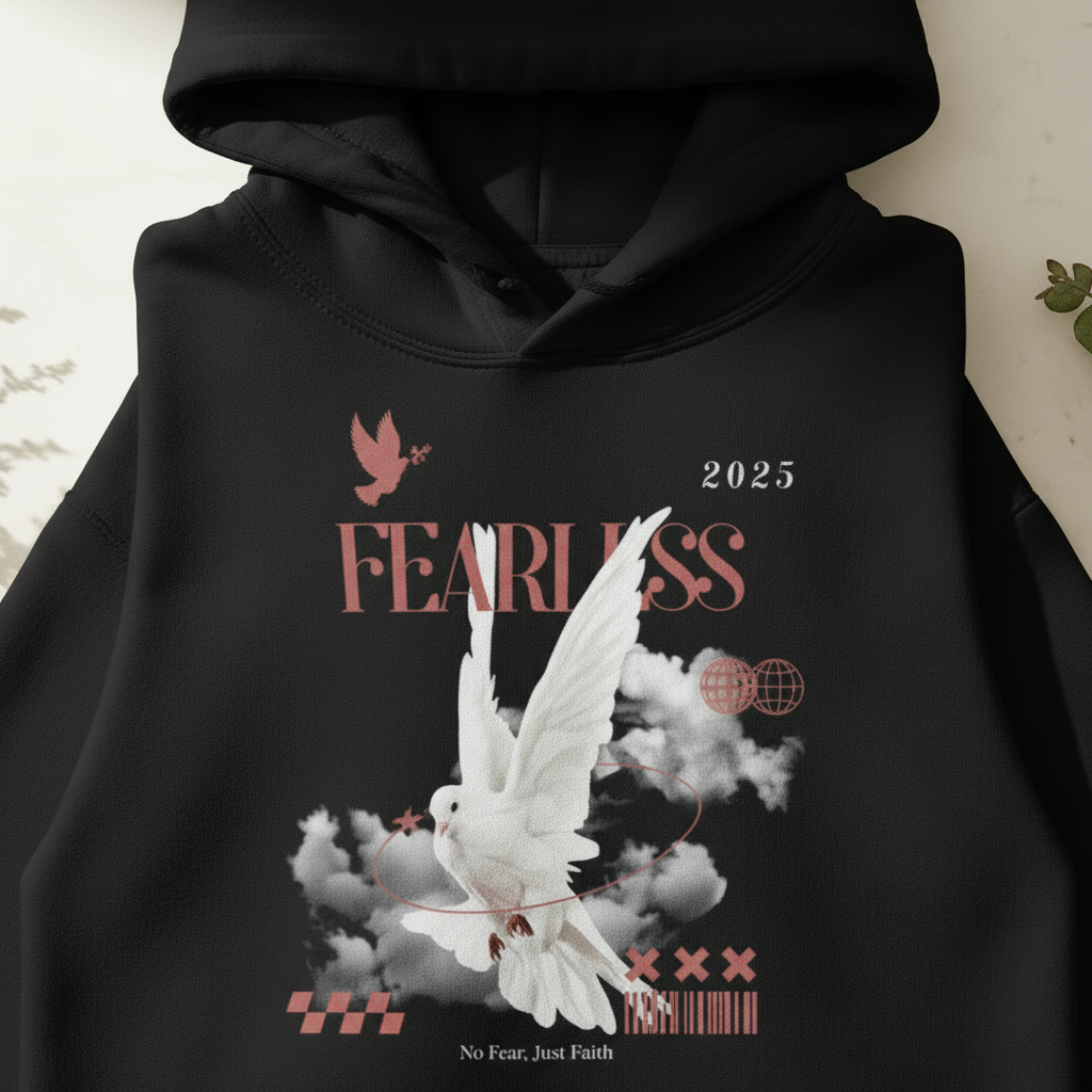 Black unisex hoodie close-up with front bird/feather graphic and 2025