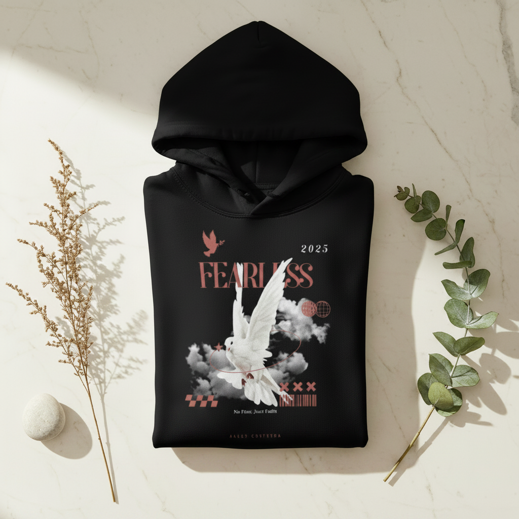 Black unisex hoodie flat lay with front graphic print, hood, and 2025