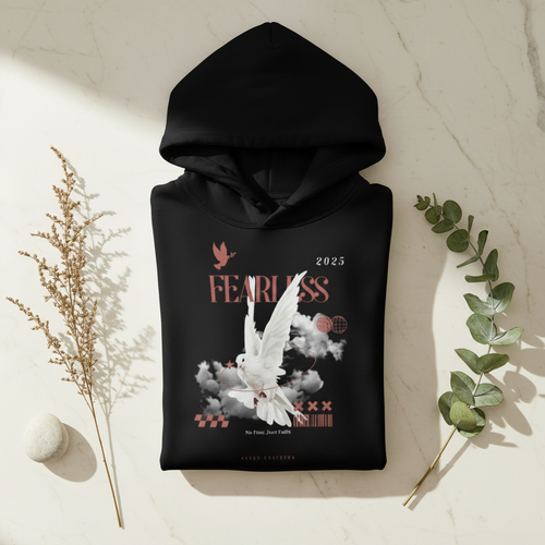 Black unisex hoodie flat lay with front graphic print, hood, and 2025