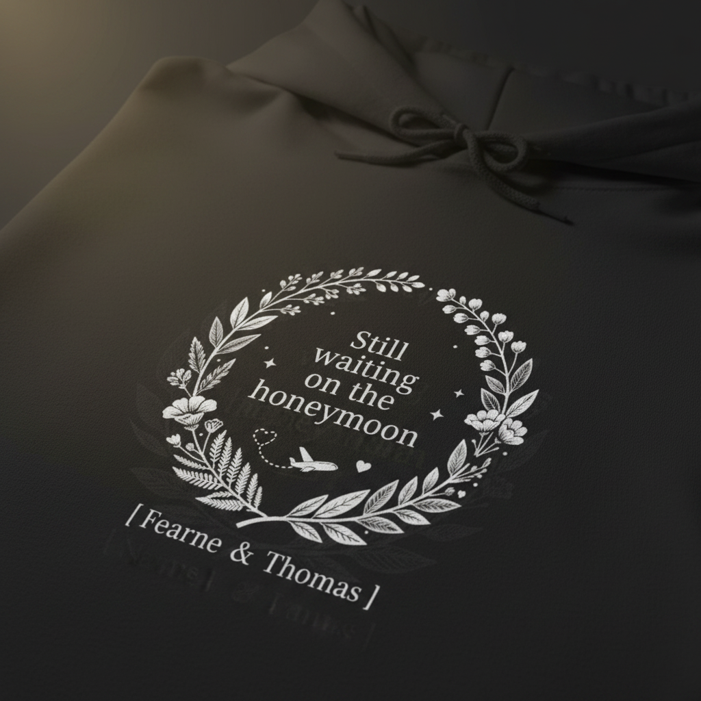 Black hoodie close-up: white wreath “Still waiting on the honeymoon” print