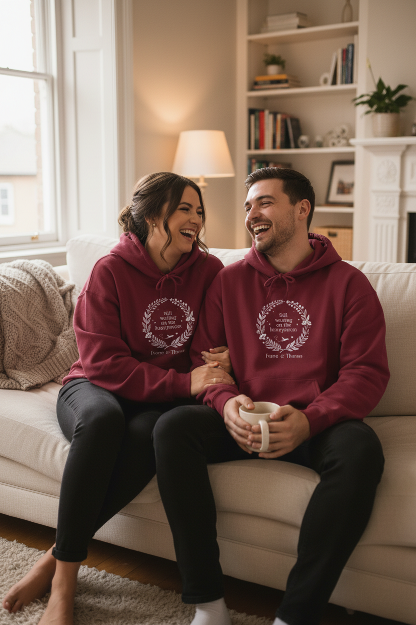 Burgundy personalized couples hoodie worn by two people, hood and wreath logo on chest
