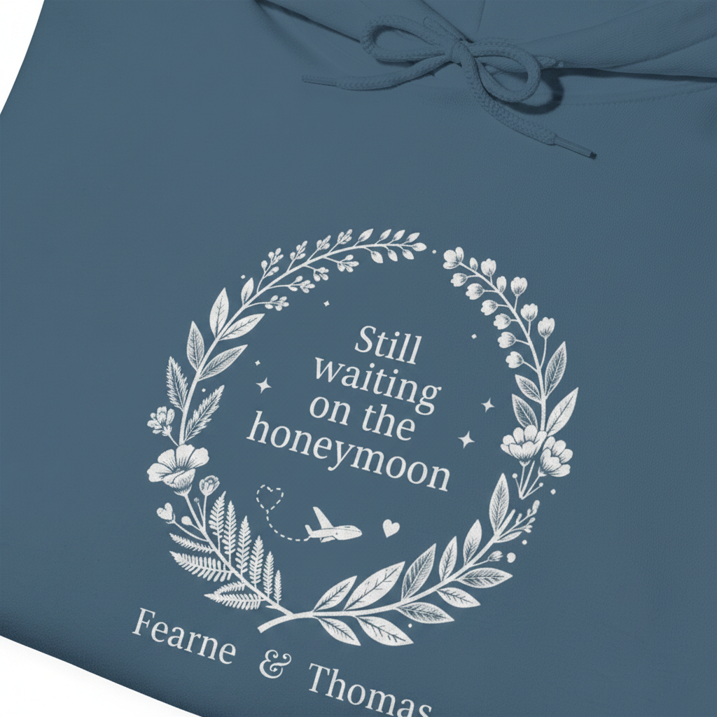 Indigo blue hoodie close-up: white wreath “Still waiting on the honeymoon” print