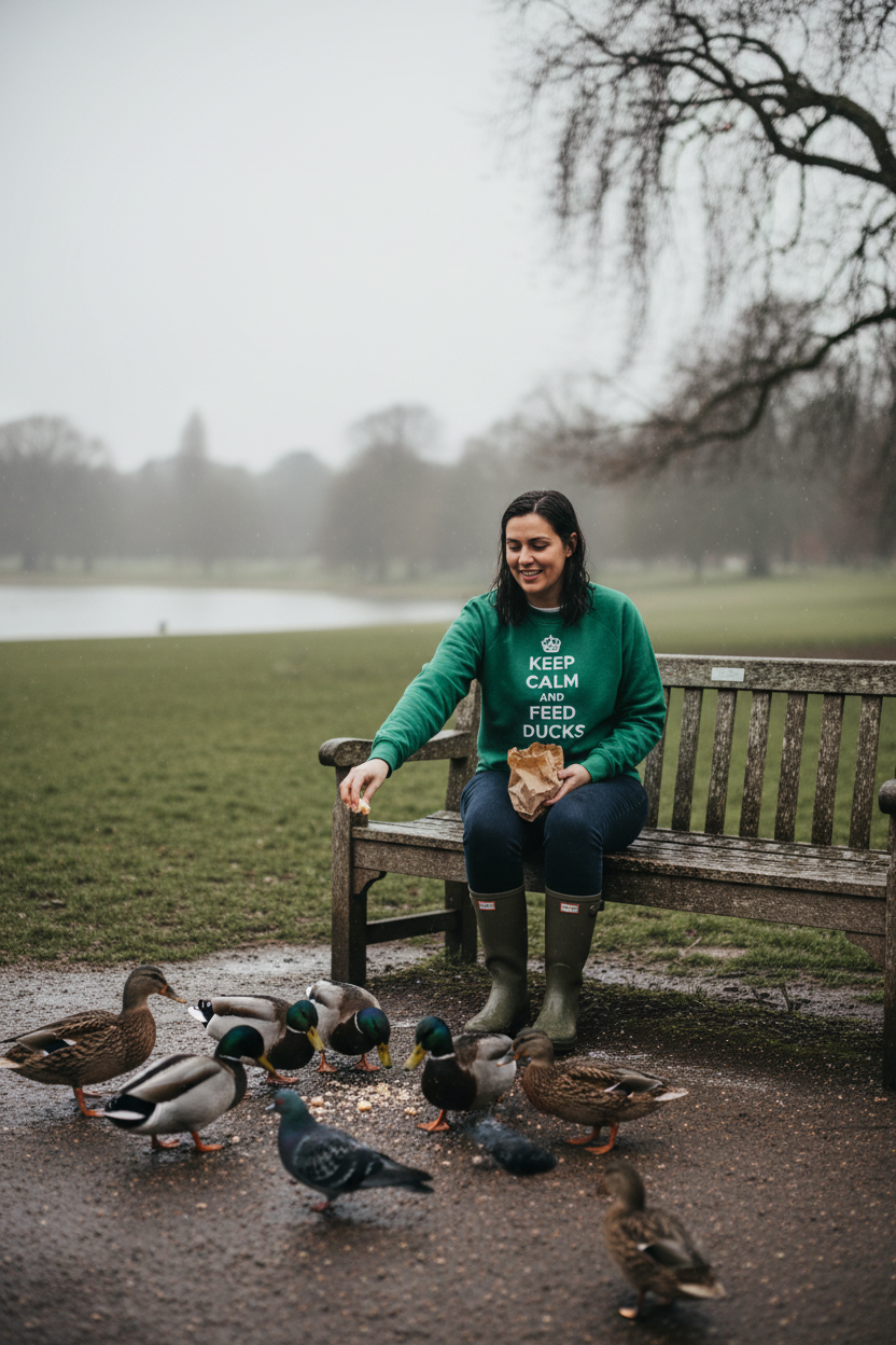 Green sweatshirt with 'KEEP CALM AND FEED DUCKS' quote text on the chest