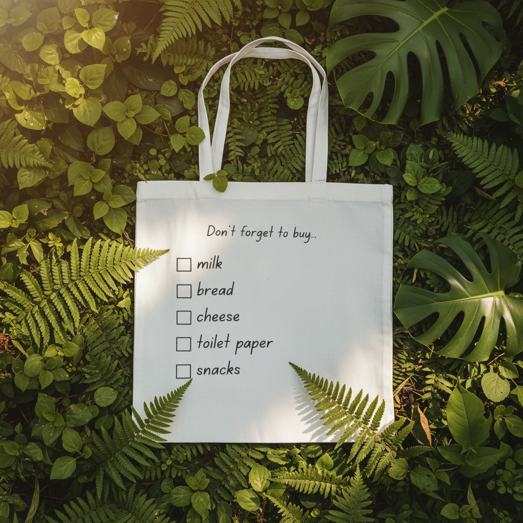 White tote bag with 'Don't forget to buy' checklist: milk, bread, cheese, toilet paper, snacks.