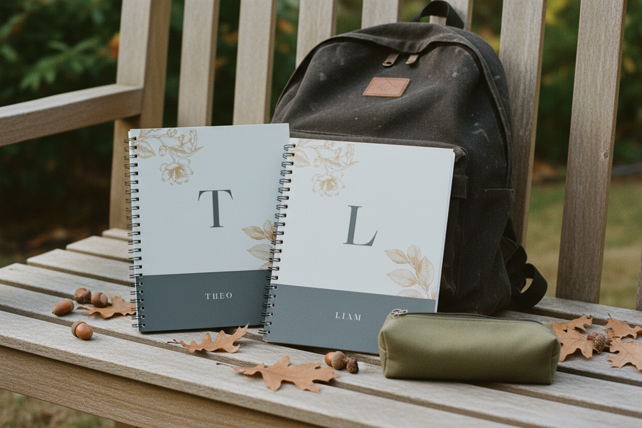 Film grain bench with backpack and pencil case