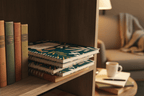 A5 spiral notebook with teal botanical cover on a wooden shelf among stacked books.