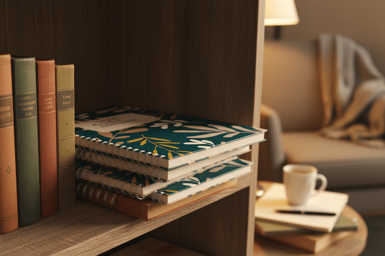 A5 spiral notebook with teal botanical cover on a wooden shelf among stacked books.