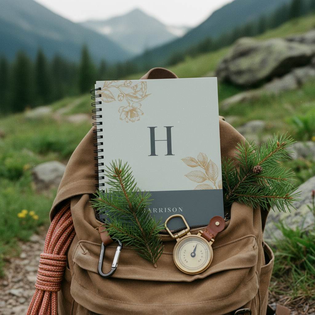 Personalised A5 notebook with initial H and name HARRISON on pale cover outdoors