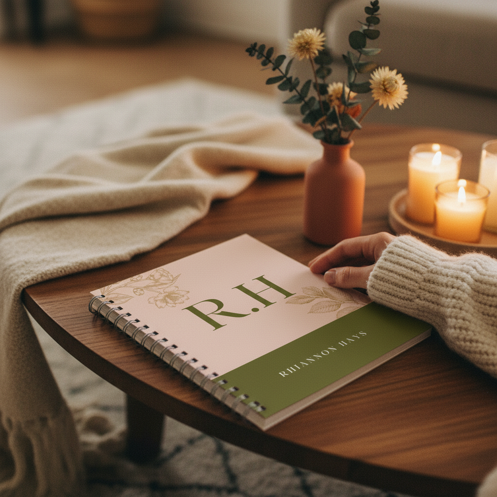 Personalised A5 notebook with initial R.H and floral detailing on light blush cover