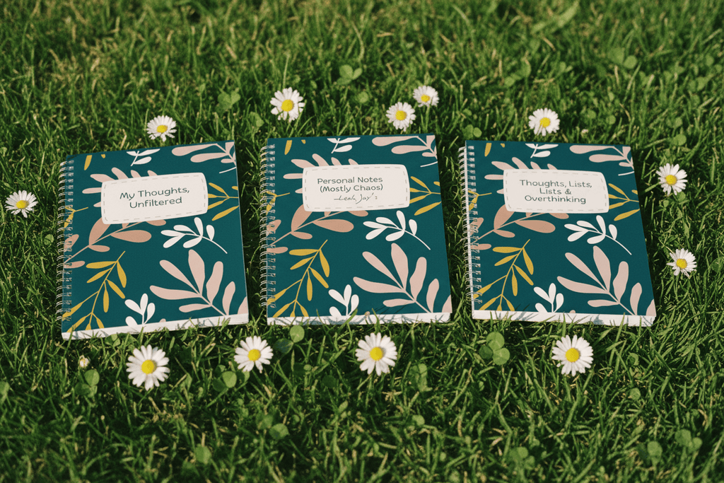 Three teal A5 spiral notebooks with botanical covers on green grass, label visible