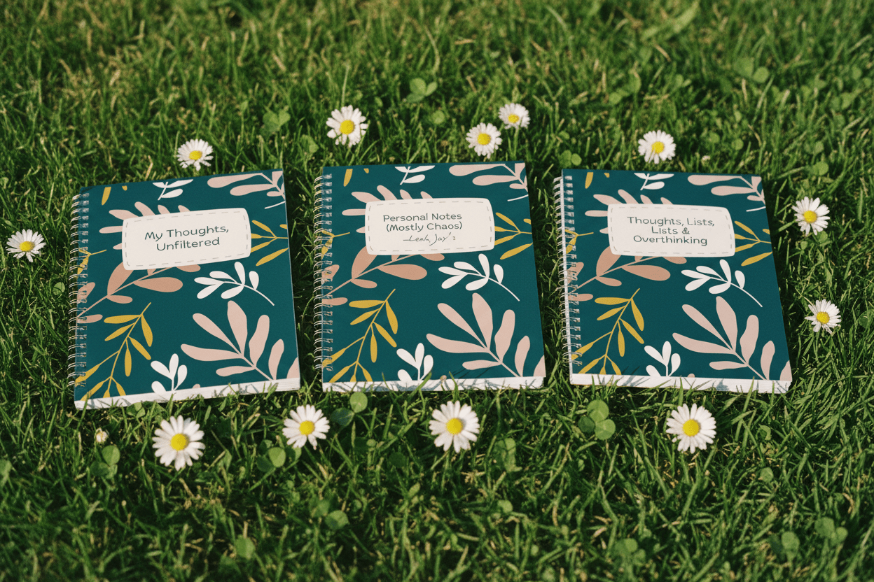 Three teal A5 spiral notebooks with botanical covers on green grass, label visible