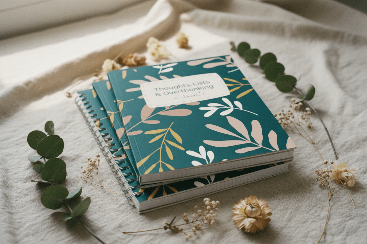 A5 spiral notebook with teal botanical cover and beige label, stacked with closed notebooks.
