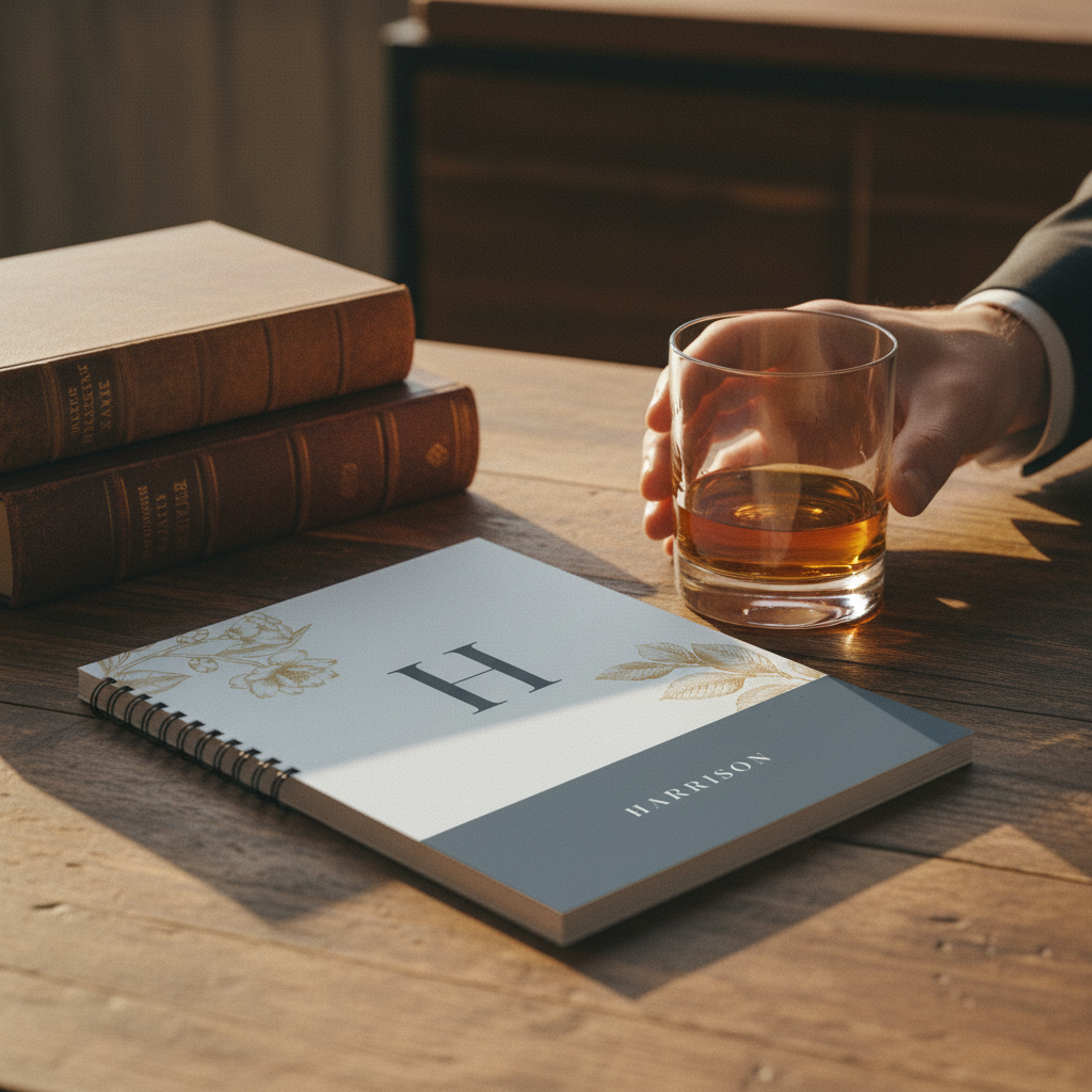 Personalised A5 notebook with initial H and name HARRISON on light cover on table