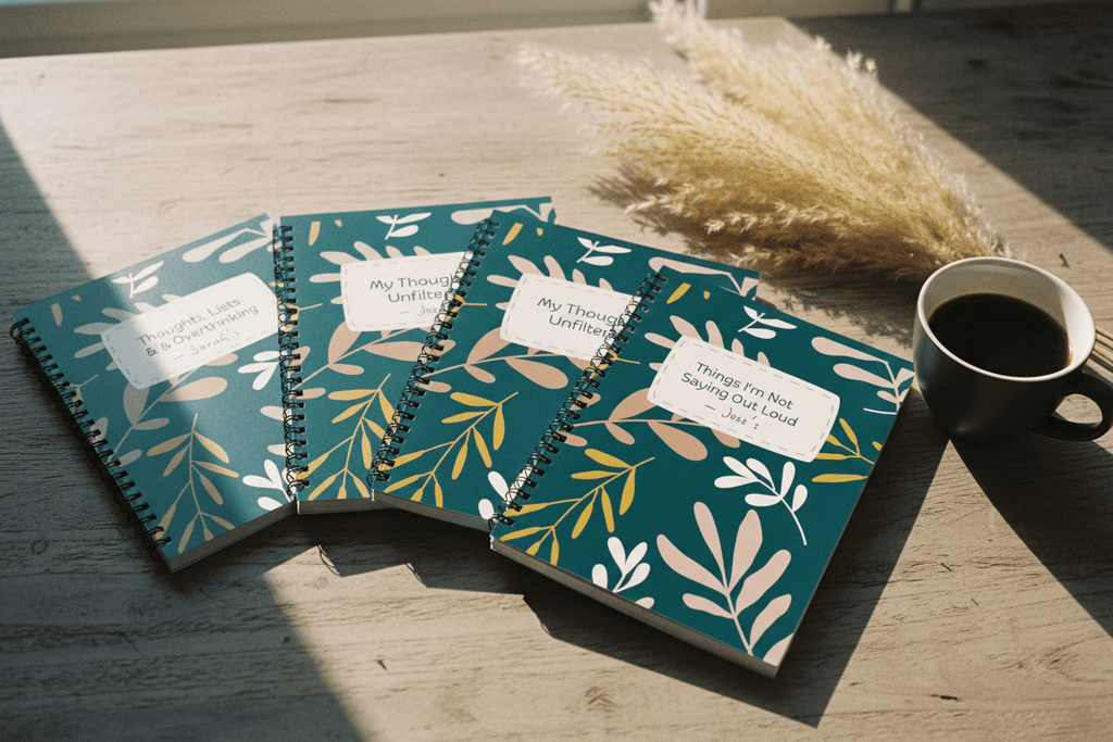 A5 spiral notebooks with teal botanical covers and white-beige title labels, fanned open.