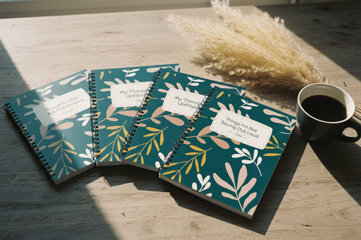 A5 spiral notebooks with teal botanical covers and white-beige title labels, fanned open.