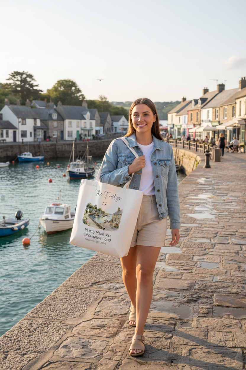 White canvas tote bag held by a person, with personalized script name and watercolor scene