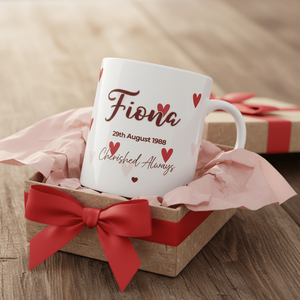 Personalised heart mug, white ceramic with “Fiona” and date in red, hearts