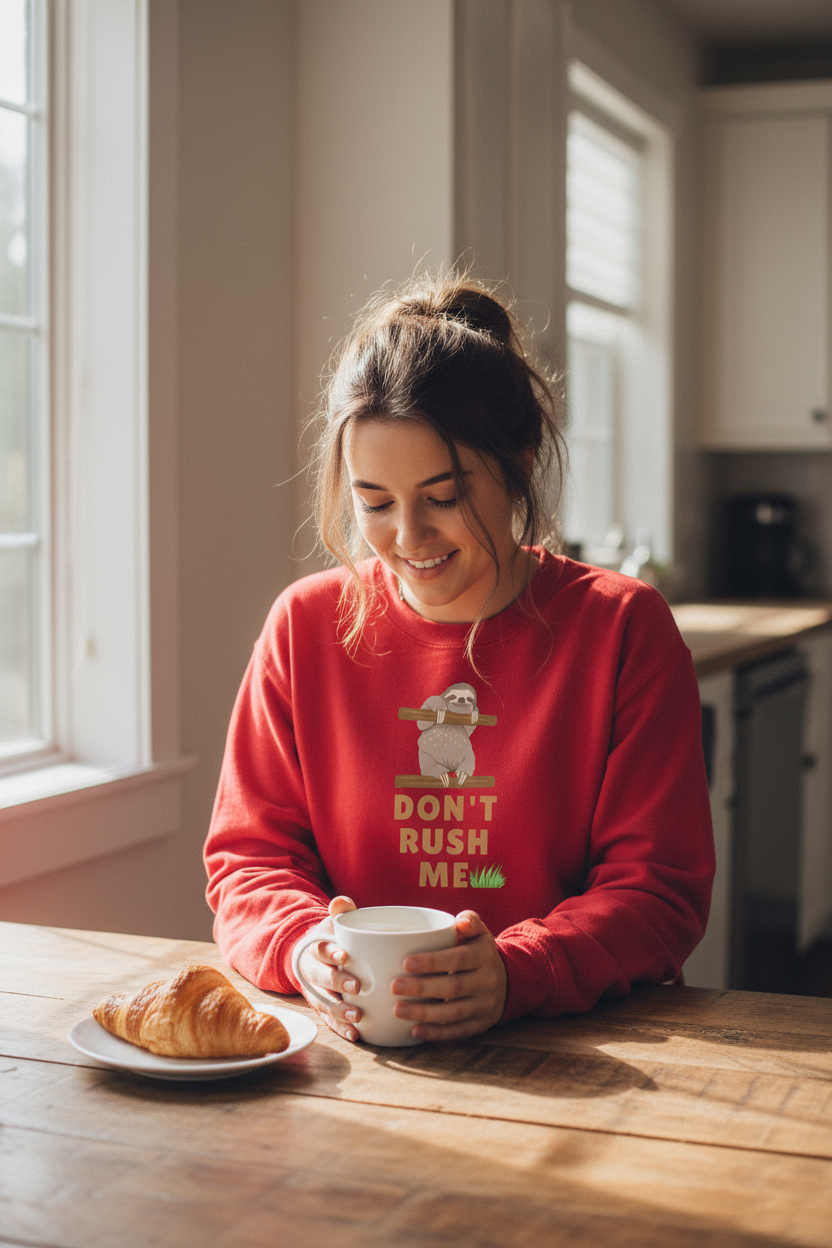 Red sloth graphic sweatshirt with “Don't Rush Me” chest print
