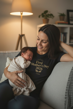 Black personalized t-shirt with gold “First Mother’s Day 2026” text