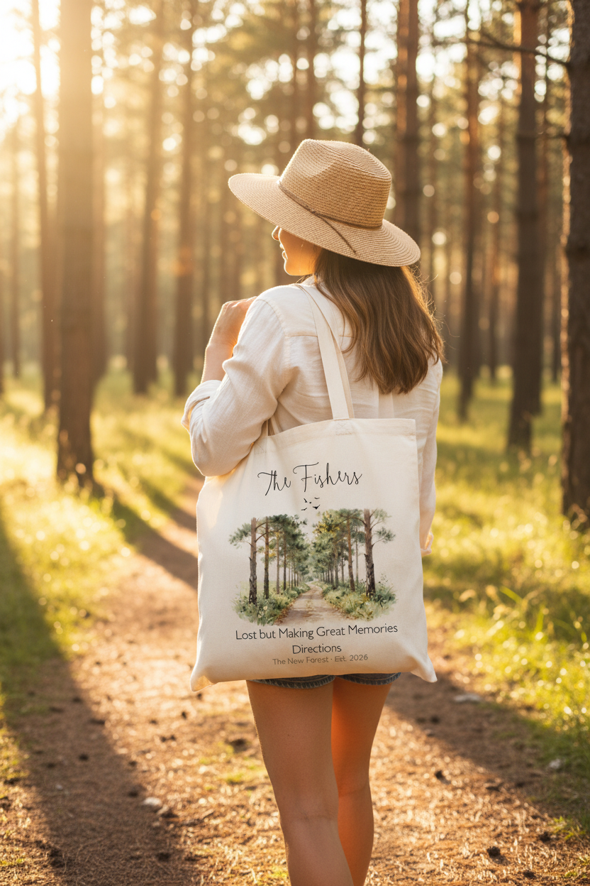Cream canvas tote bag on person’s shoulder with illustrated forest path and cursive name.