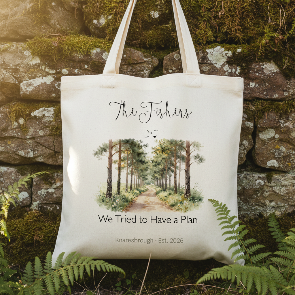 Cream canvas tote bag with illustrated forest path scene and cursive family name, centered.