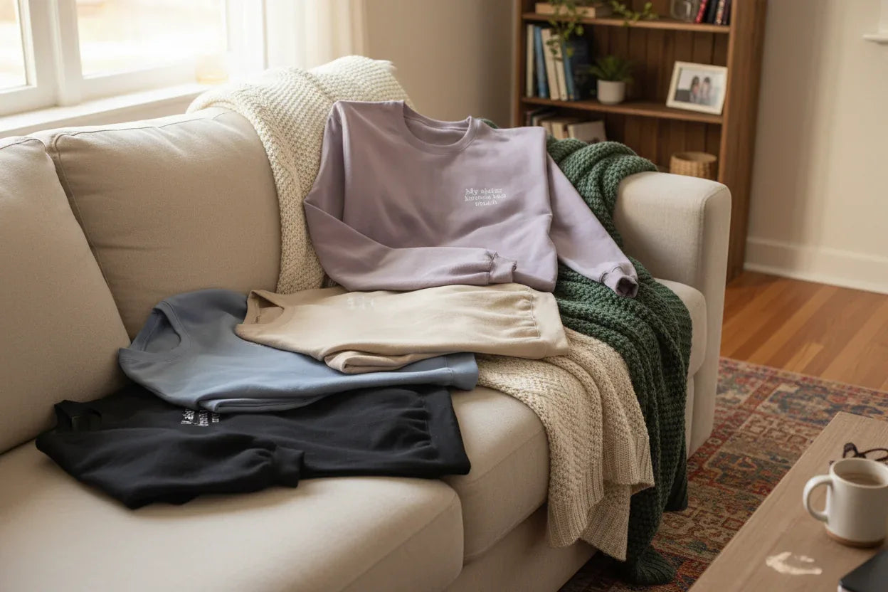 Light purple crew-neck sweatshirt with small chest text, folded on sofa