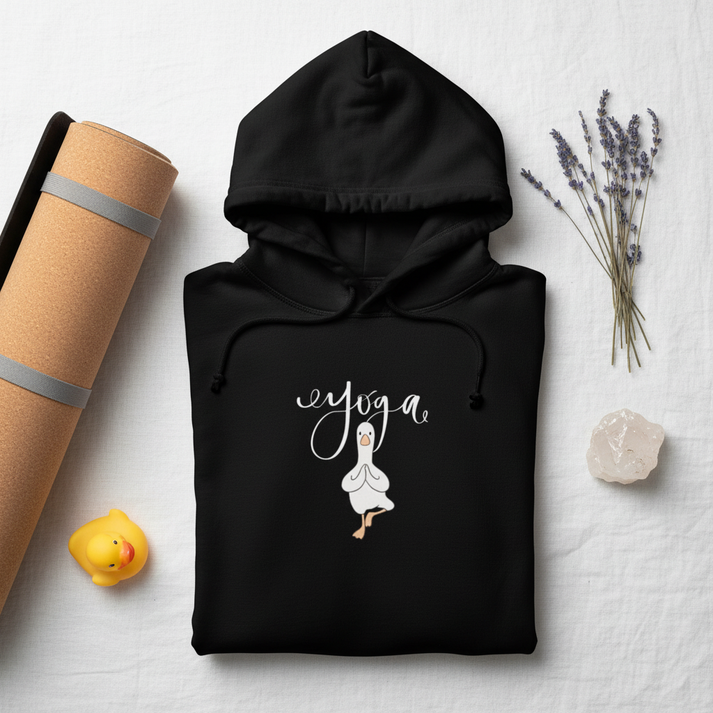 Black yoga duck pose hoodie with front duck graphic and drawstring hood