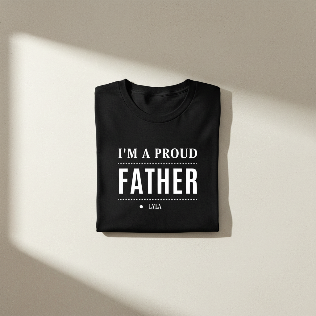 Black T-shirt with large "I'm a proud Father" chest text and small name line