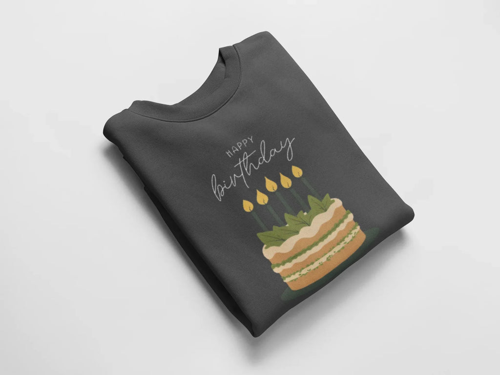 Charcoal gray crewneck sweatshirt with “Happy birthday” cake and candle graphic