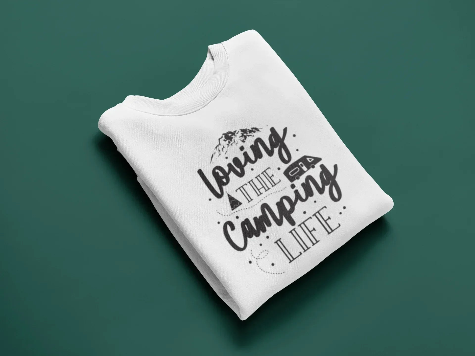 White sweatshirt with “Camping Life” graphic on front