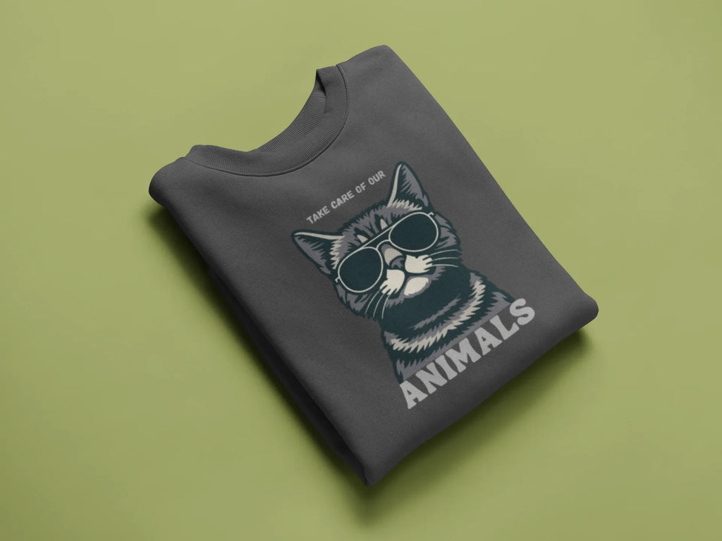 Cat Sunglasses Sweatshirt – 'Take Care of Your Animals' Cozy Crewneck - Alley Crafters