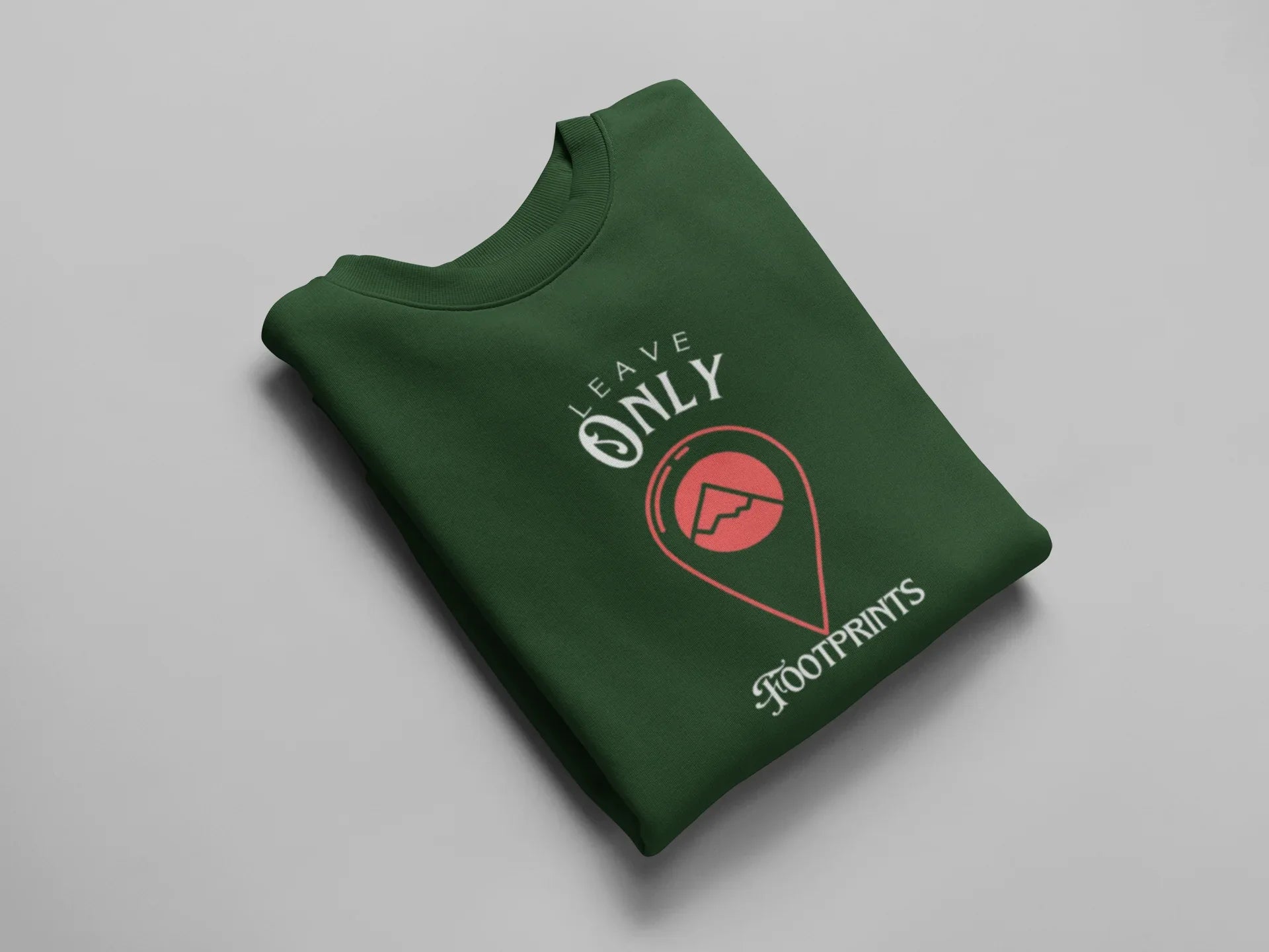 Bottle green crewneck sweatshirt, chest 'Leave Only Footprints' print