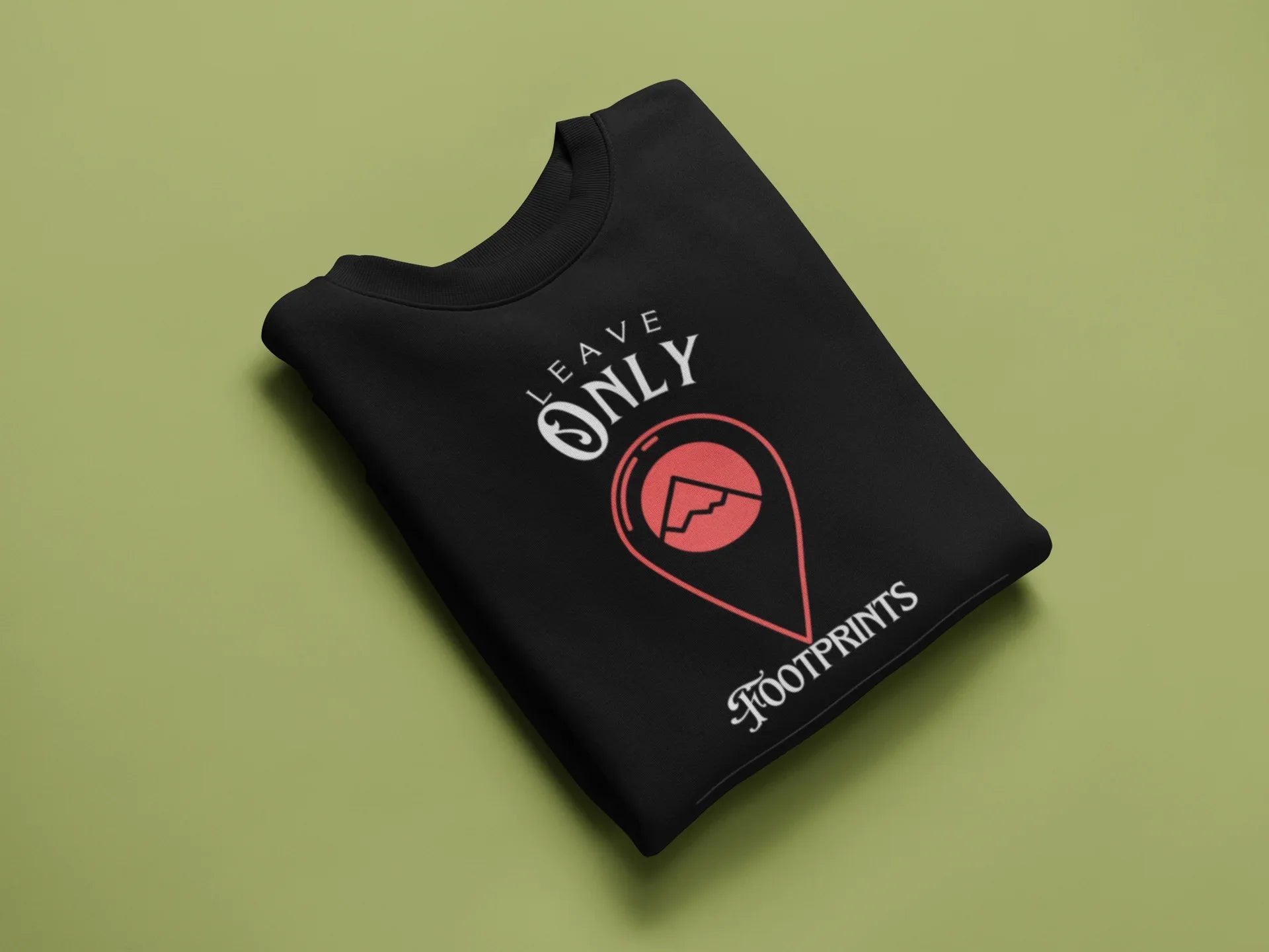 Black crewneck sweatshirt, chest 'Leave Only Footprints' print