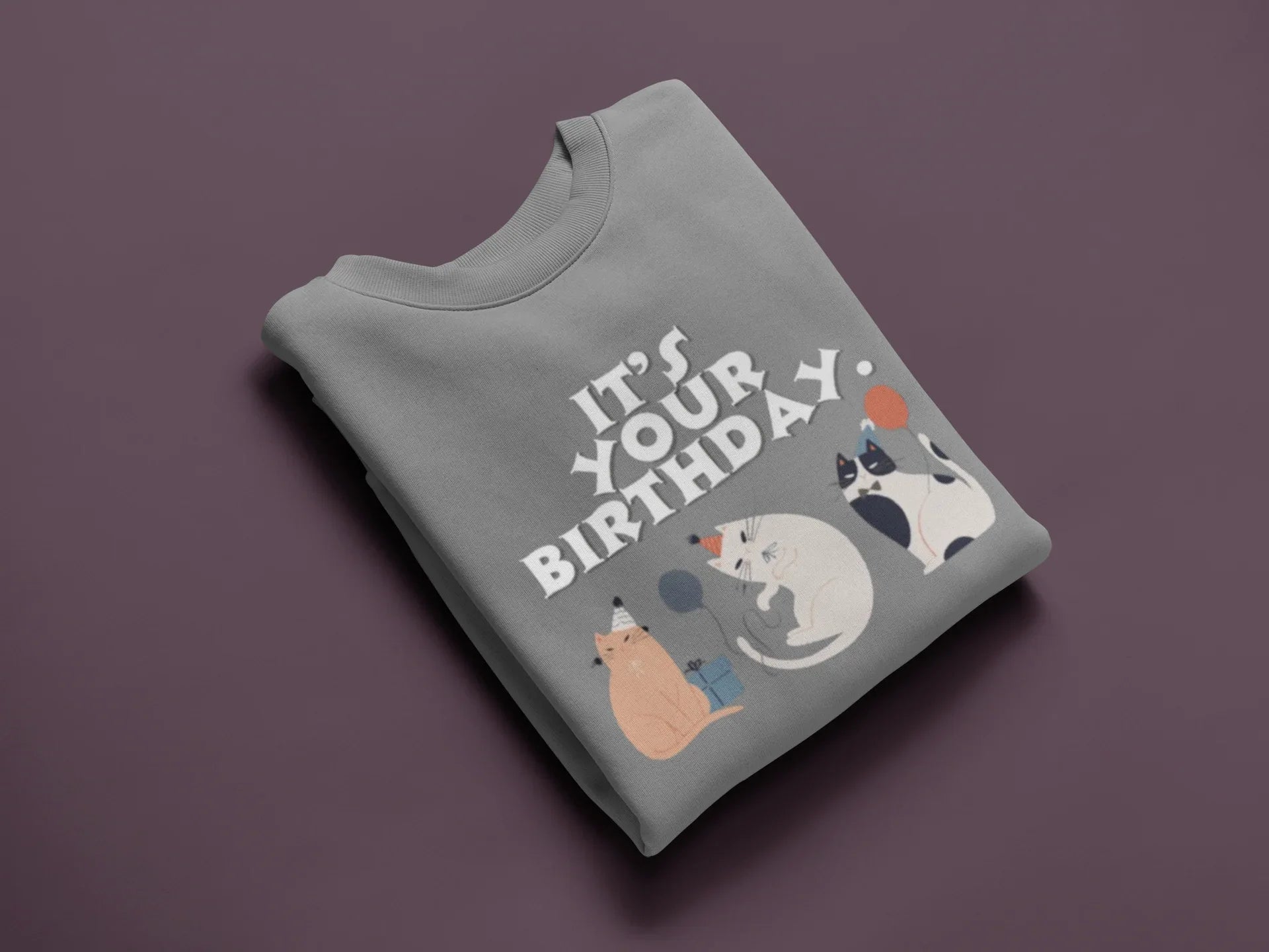 Light gray crewneck cat birthday sweatshirt with front graphic cats and “Your Birthday” text