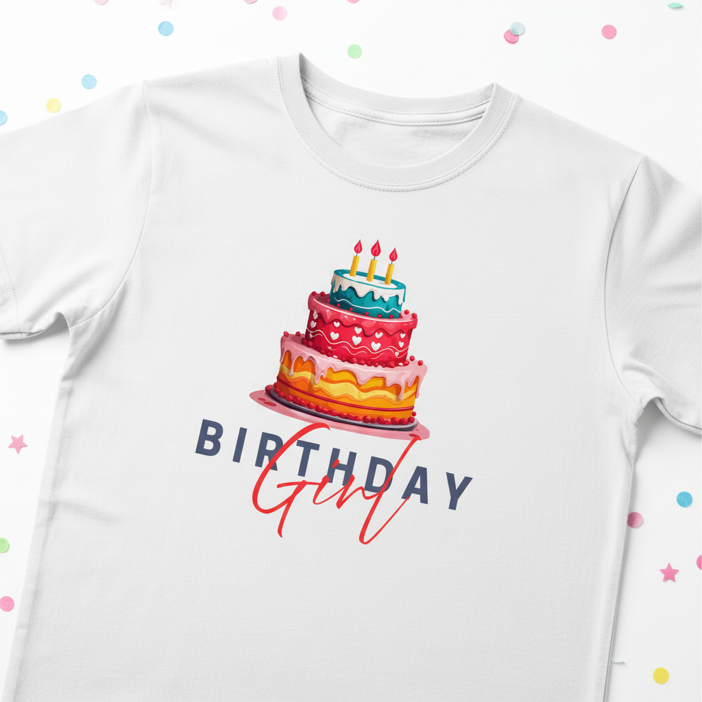 White T-shirt close-up with birthday cake graphic and “Birthday Girl” lettering