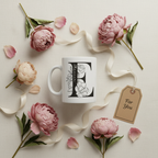 White personalized name mug with black floral print and “For You” gift tag