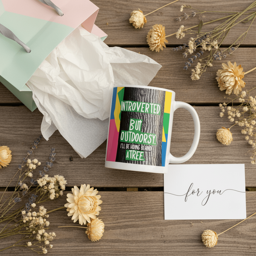 White mug with colorful nature quote on a wooden surface