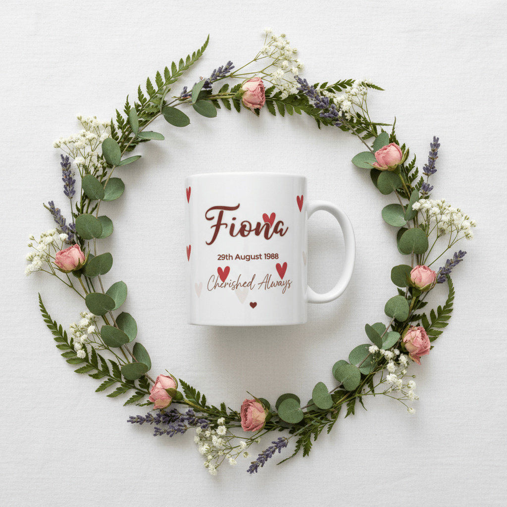 White ceramic mug with red 'Fiona', date '29th August 1988', and heart accents.