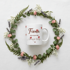 White ceramic mug with red 'Fiona', date '29th August 1988', and heart accents.