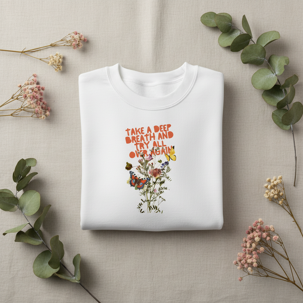 White crewneck sweatshirt with colorful “Take a Deep Breath” floral graphic on chest.