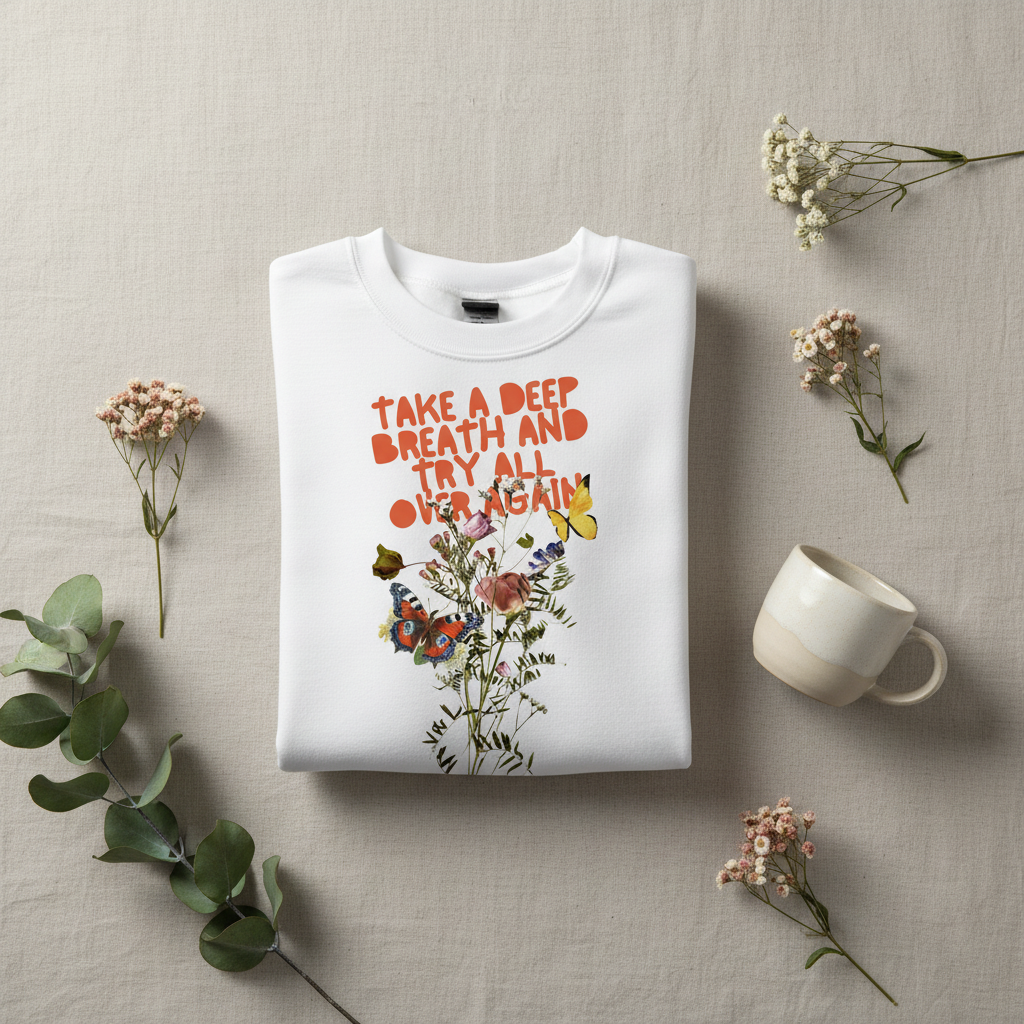 White crewneck sweatshirt with colorful “Take a Deep Breath” floral graphic on front.