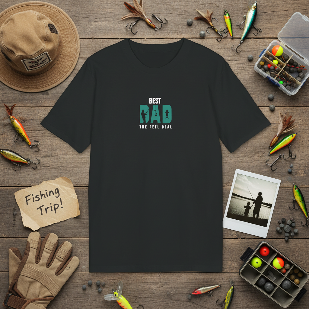 Black T-shirt with “Best Dad” retro graphic print in center of chest