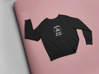 Black crewneck sweatshirt with “HAPPY BIRTHDAY” cake graphic on the chest