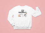 White crewneck cat birthday sweatshirt with front graphic cats and “It’s my birthday” text